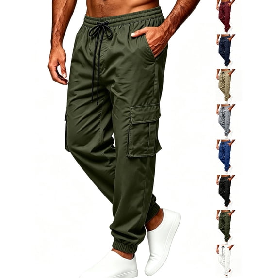 Men's Cargo Joggers Pants Elastic Waist Drawstring Trousers with Pockets for Casual Athletic Wear