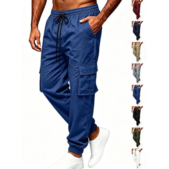 Men's Cargo Joggers Pants Elastic Waist Drawstring Trousers with Pockets for Casual Athletic Wear