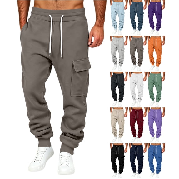 Men's Cargo Joggers Solid Color Drawstring Sweatpants with Multi Pockets & Elastic Cuffs,Casual Fleece Pants