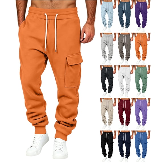 Men's Cargo Joggers Solid Color Drawstring Sweatpants with Multi Pockets & Elastic Cuffs,Casual Fleece Pants