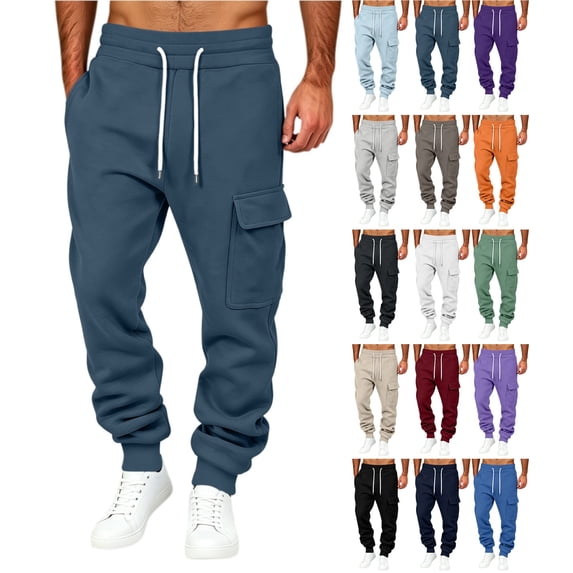 Men's Cargo Joggers Solid Color Drawstring Sweatpants with Multi Pockets & Elastic Cuffs,Casual Fleece Pants
