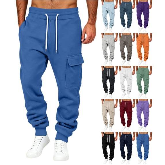 Men's Cargo Joggers Solid Color Drawstring Sweatpants with Multi Pockets & Elastic Cuffs,Casual Fleece Pants
