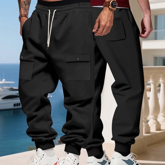 Men's Cargo Joggers Solid Color Workwear Sweatpants Drawstring Elastic Waistband Tapered Leg Pants Casual Everyday Pants for Men