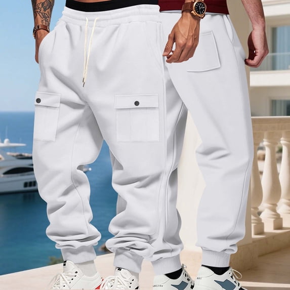 Men's Cargo Joggers Solid Color Workwear Sweatpants Drawstring Elastic Waistband Tapered Leg Pants Casual Everyday Pants for Men