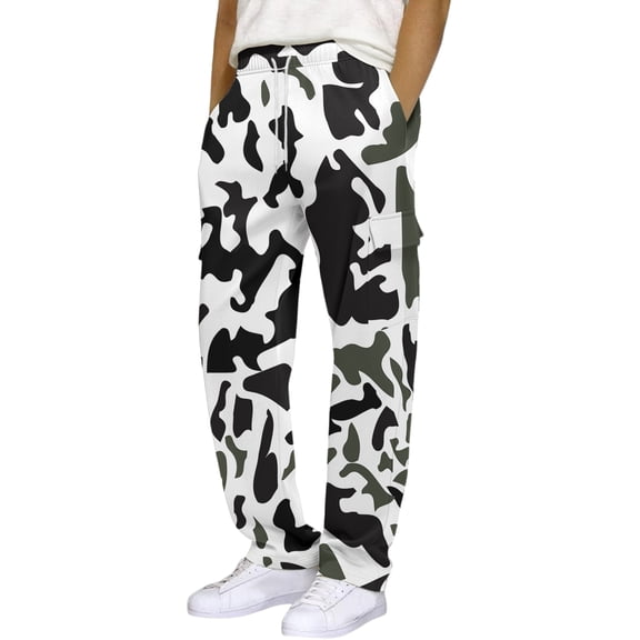 Men's Cargo Joggers Sweatpants Open Bottom Wide Leg Sweatpants with Pockets Straight Leg Camo Cargo Sweats Lounge Pants Drawstring Lightweight Baggy Gym 2025 Joggers Trouser for Yoga,White 2XL