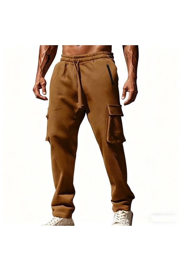 Men's Cargo Pants Athletic Jogger Workout Gym Sweatpants Elastic Waist Baggy Drawstring Running Track Trouser with Pockets (M, Brown)