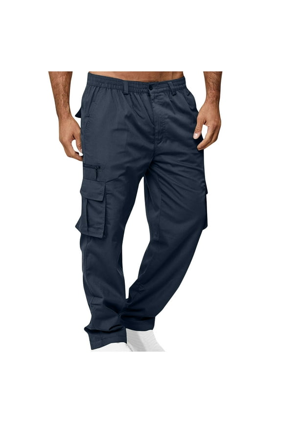 Men's Cargo Pants Button and Zip Fly Solid Elastic Waist Straight Leg Pants with Pockets for Outdoor Navy 3XL