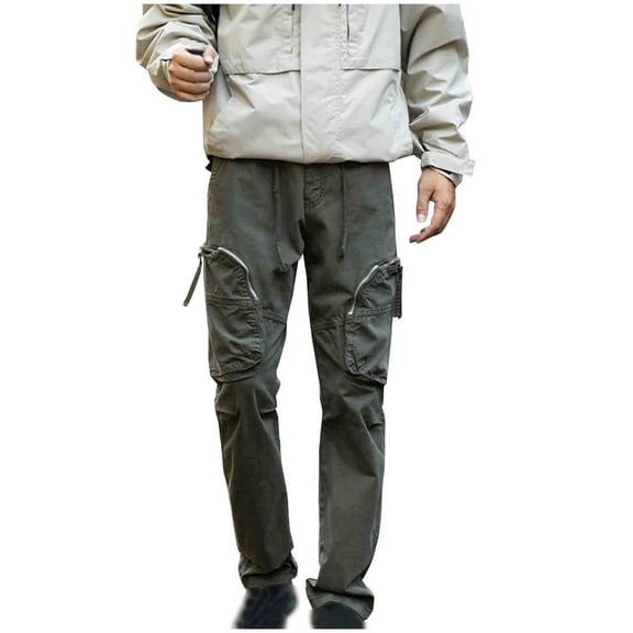 ZQUUVOU Men's Cargo Pants Casual Cotton Solid Color Cargo Zipper Pockets Elastic Waist Full Length Pants Olive Green