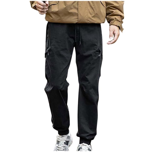 Men's Cargo Pants Casual Drawstring Cotton Solid Color Zipper Pockets Elastic Waist Full Length Pants Black