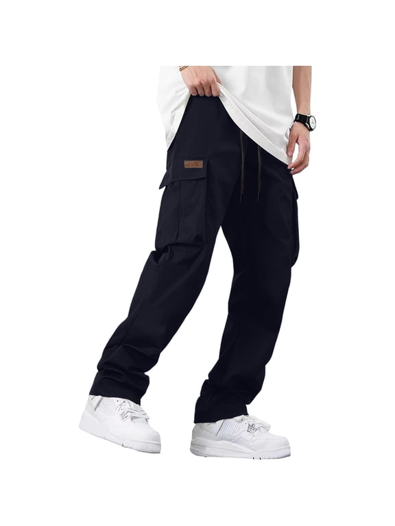 Men's Cargo Pants, Casual Outdoor Hiking Tactical Drawstring Work Pants with Pockets Navy M