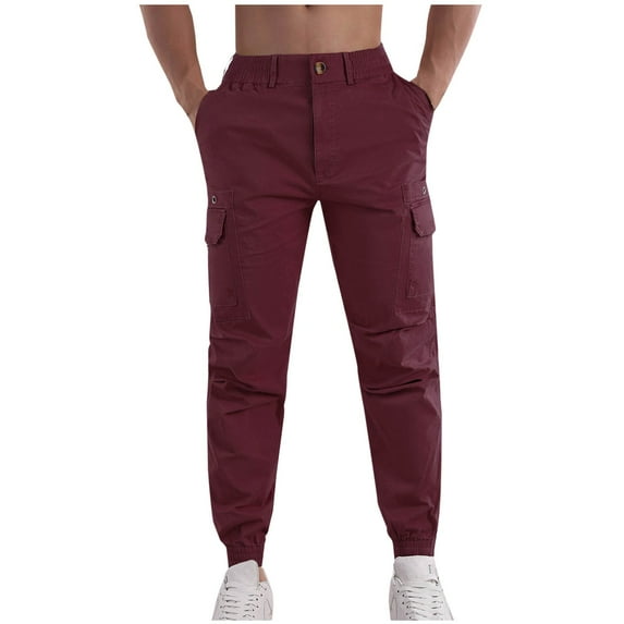 Men's Cargo Pants Casual Solid Color Cargo Pockets Elastic Rope Waist Casual Cargo Pants Full Length Pants Burgundy