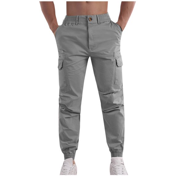 Men's Cargo Pants Casual Solid Color Cargo Pockets Elastic Rope Waist Casual Cargo Pants Full Length Pants Dark Gray