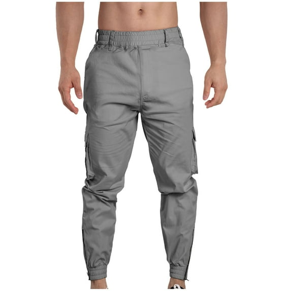 Men's Cargo Pants Casual Solid Color Cargo Pockets Elastic Rope Waist Zipper Leg Pants Gray
