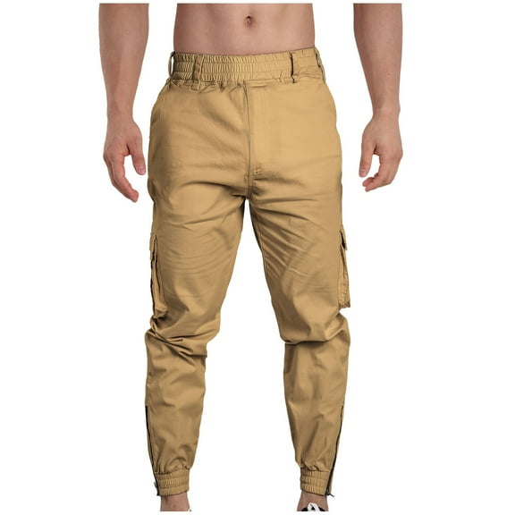 ZQUUVOU Men's Cargo Pants Casual Solid Color Cargo Pockets Elastic Rope Waist Zipper Leg Pants Khaki