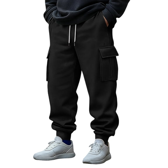 Men's Cargo Pants Causal Workout Joggers Stretch Sweatpants Hiking Drawstring Winter Joggers with Multi Pockets,Black M