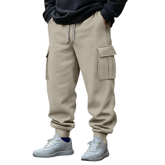 Men's Cargo Pants Causal Workout Joggers Stretch Sweatpants Hiking Drawstring Winter Joggers with Multi Pockets,Camel S