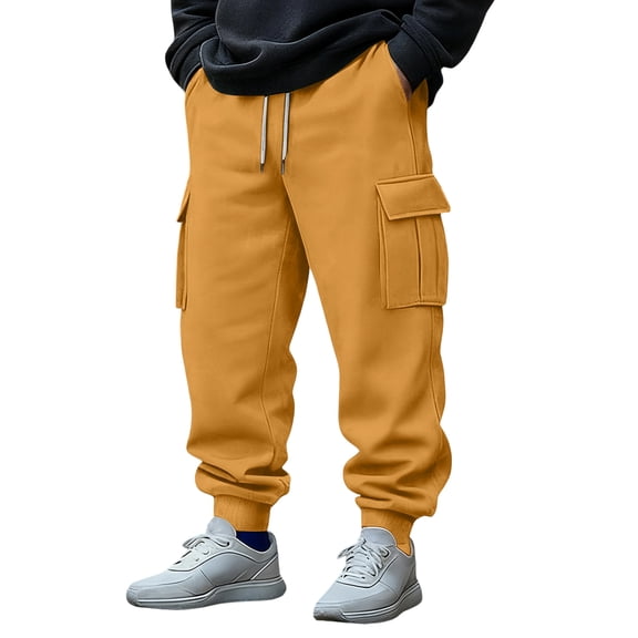Men's Cargo Pants Causal Workout Joggers Stretch Sweatpants Hiking Drawstring Winter Joggers with Multi Pockets,Earthy Yellow XXL