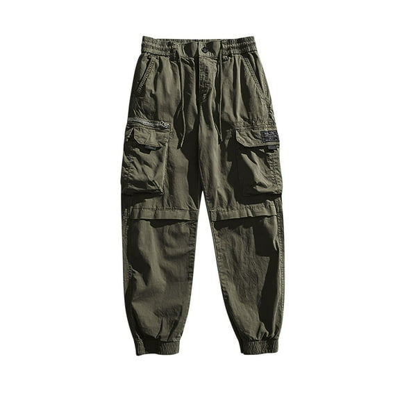 ZQUUVOU Men's Cargo Pants Cotton Drawstring Solid Color Zipper Pockets Elastic Waist Full Length Pants Olive Green