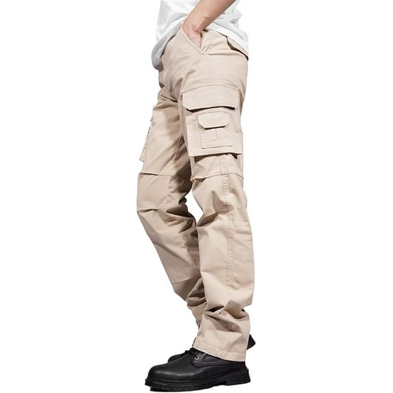 Men's Cargo Pants Cotton Straight Stretch Tactical Work Hiking Pants with Pockets Khakicolor