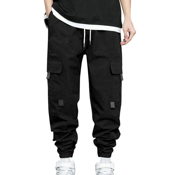 ZQUUVOU Men's Cargo Pants Drawstring Elastic Waist Casual Baggy Pants Black