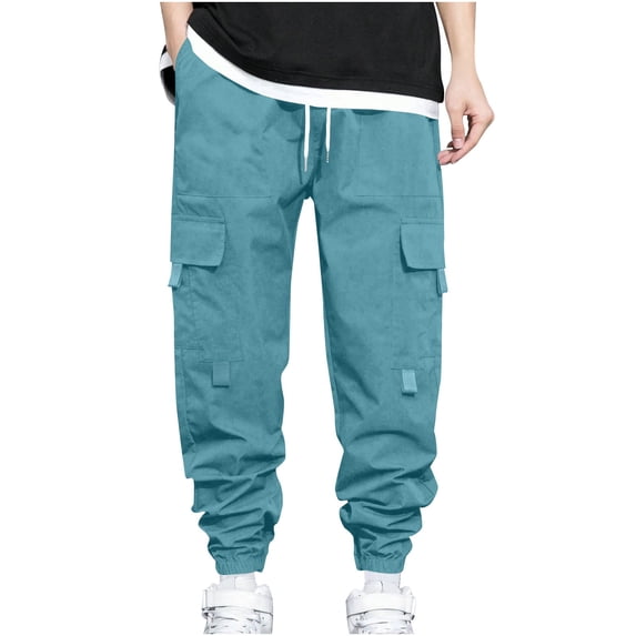 Men's Cargo Pants Drawstring Elastic Waist Casual Baggy Pants Blue