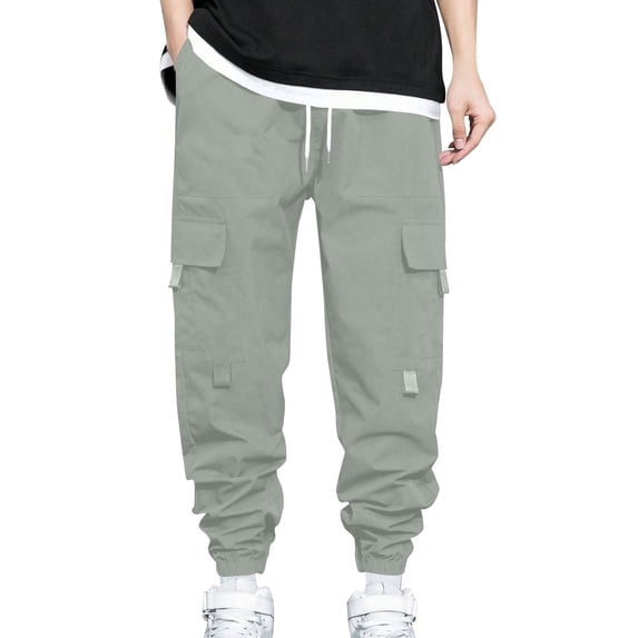 Men's Cargo Pants Drawstring Elastic Waist Casual Baggy Pants Gray