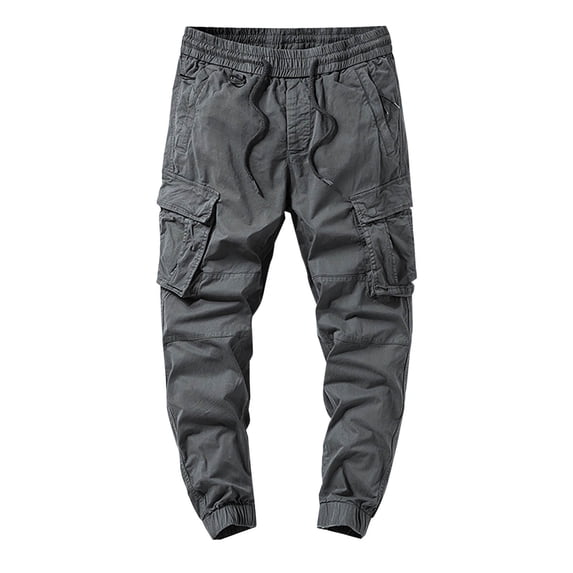 ZQUUVOU Men's Cargo Pants Drawstring Solid Color Cotton Zipper Pockets Elastic Waist Full Length Pants Gray