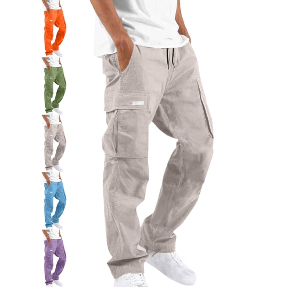 Men's Cargo Pants Elastic Waist Drawstring Straight Leg Relaxed Fit Multiple Pockets Outdoor Pants