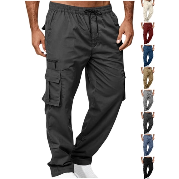 Men's Cargo Pants Elastic Waist Drawstring Work Trousers Multi-Pocket Straight Leg Casual Joggers with Zipper Pockets