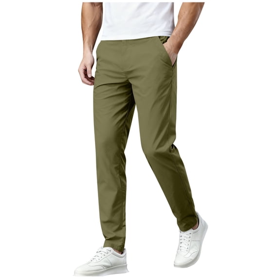 Men's Cargo Pants Elastic Waist Solid Straight Leg Pants with Pockets for Hiking Olive Green XL