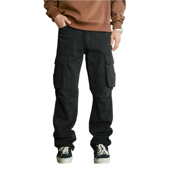 Men's Cargo Pants Multi-Pocket Loose Fit Work Trousers Durable Casual Straight Leg Sweatpants Men for Outdoor Activities Black M