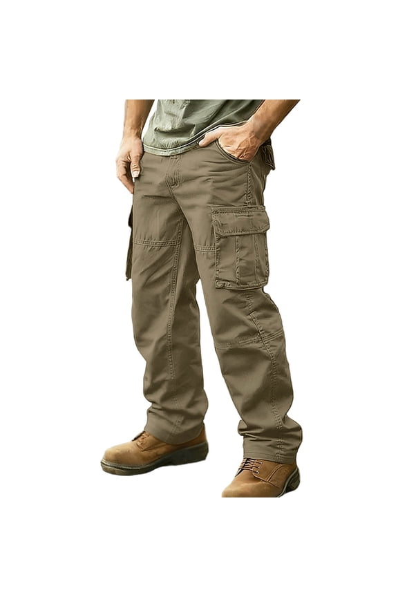 Men's Cargo Pants with Multi Pockets Cotton Wide Leg Hiking Work Pants Comfort Casual Outdoor Trousers Loose Fit Solid Slacks Athletic Workout Trouser Running Comfy Slacks Brown L