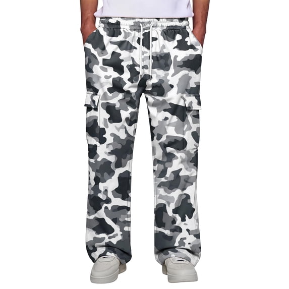Men's Cargo Pants Relaxed Fit Straight Leg Camo Print Work Pants with 4 Pockets Elastic Waistband Drawstring Lightweight Trousers for Hiking Outdoor Daily Wear White 3XL