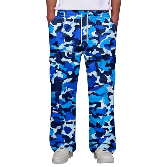 Men's Cargo Pants Relaxed Fit Straight Leg Camo Print Work Pants with 4 Pockets Elastic Waistband Drawstring Lightweight Trousers for Hiking Outdoor Daily Wear Navy L