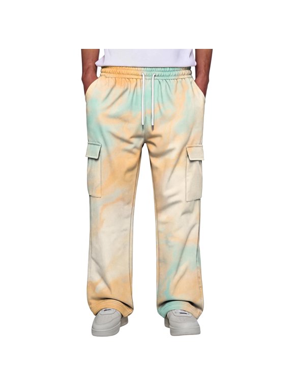 Men's Cargo Pants Relaxed Fit Straight Leg Cloud Wash Print Casual Work Trousers with 4 Pockets Elastic Waistband Drawstring Lightweight Pants for Hiking Outdoor Everyday Wear Beige L