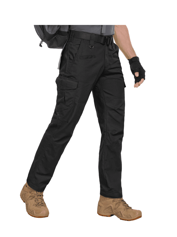 Work Pants for Men Stretch Cargo Pants Water Resistant Outdoors Trousers with 9 Pockets( No Belt ) Black 36W×32L