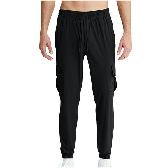 ZQUUVOU Men's Cargo Pants Slim Fit Fashion Drawstring Elastic Waist Multi-Pocket Casual Sweat Length Pants Black