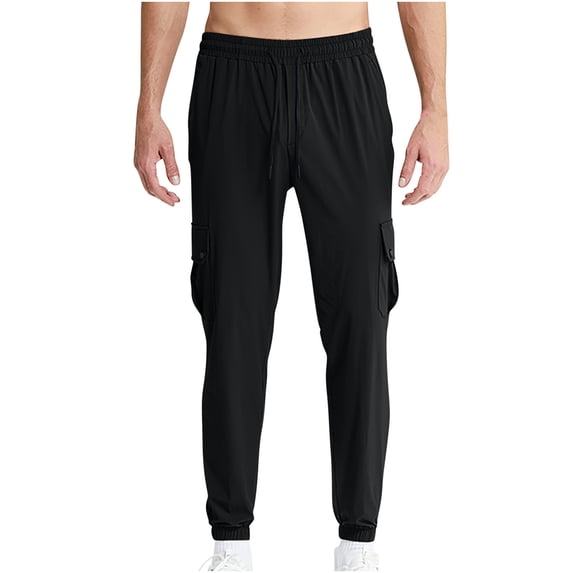 ZQUUVOU Men's Cargo Pants Slim Fit Fashion Drawstring Elastic Waist Multi-Pocket Casual Sweat Length Pants Black