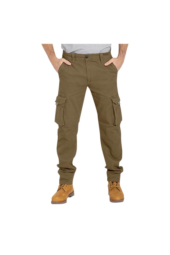 Men's Cargo Pants Straight Twill Stretch Regular Fit Work Pants with 6 pockets Outdoor Work Office Hiking Workout Trouser (L, Brown)