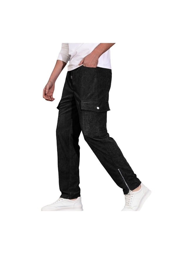 Men's Cargo Pants Straight Wide Leg Trousers High Rise Y2K Split Zipper Hem Hip Hop Drawstring Long Trouser Street Pants
