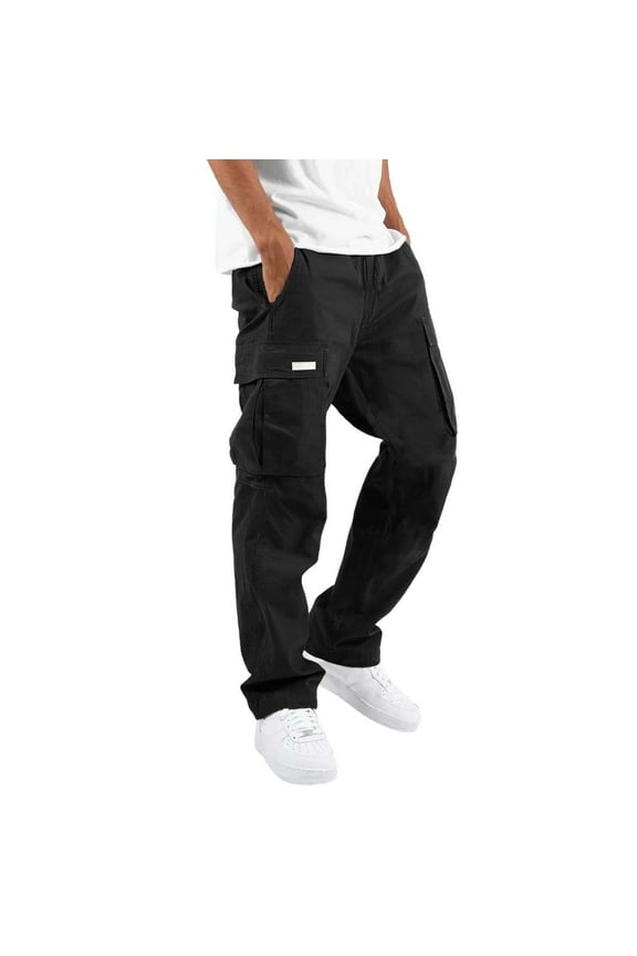 Men's Cargo Pants Street Leisure Sports Pocket Foot Mouth Cap Rope Waist Lace Up Patchwork Ribbon Standard Woven Trousers
