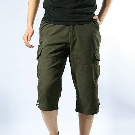 Men's Cargo Pants Summer Fall Solid Color Capris Shorts Casual Comfy Shorts with Pocket Waist Drawstring Regular Men Pant