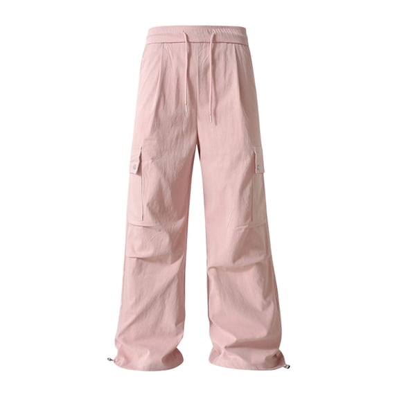 Men's Cargo Pants Wide Leg Loose Fit Casual Pants Elastic Waist Drawstring Sweatpants with Pockets Pink XL