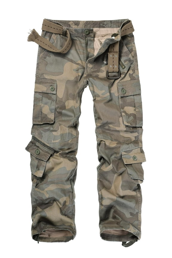 Men's Cargo Pants with 8 Pockets,Cotton Camo Pants Relaxed Fit Utility Hiking Pants, Ripstop Work Pants(No Belts),C34 Camo Size 36