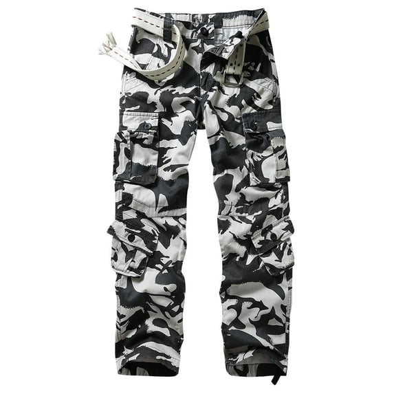 Men's Cargo Pants with 8 Pockets,Cotton Camo Pants Relaxed Fit Utility Hiking Pants, Ripstop Work Pants(No Belts),Black Hawk Camo Size 42