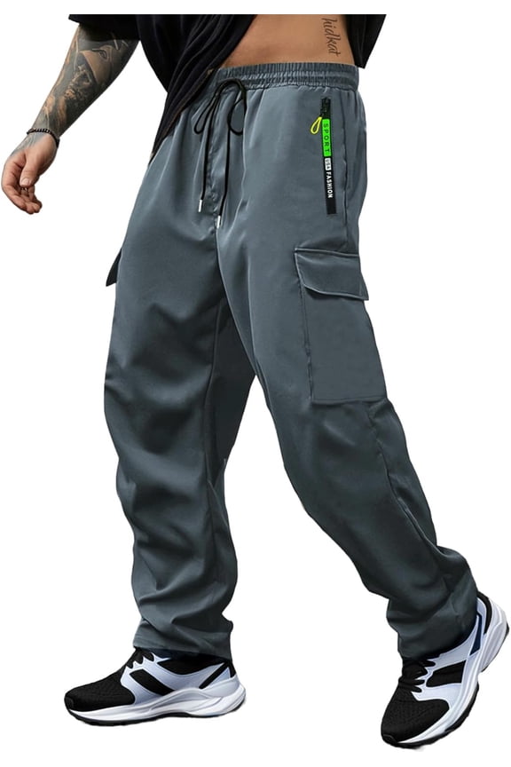 Men's Cargo Pants with Drawstring Elastic Waistband & Large Pockets, Casual Pants for Hiking Jogging