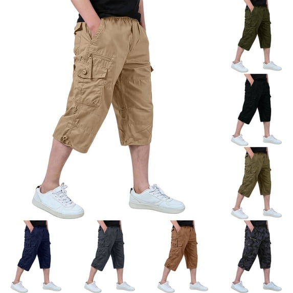Men's Cargo Shorts 3/4 Relaxed Fit Casual Work Shorts Cotton Elastic Waist Outdoor Hiking Shorts with Multi Pockets Khaki XXXL