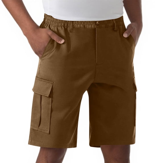 Men's Cargo Shorts 9" Inseam Elastic Waistband Casual Loose Fit Work Shorts with 6 Pockets (Brown,M)