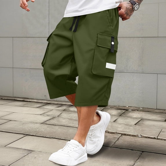 Men's Cargo Shorts Below Knee Lightweight Drawstring Waist Long Shorts Work Pants Multi Pockets Army Green XL