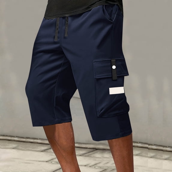 Men's Cargo Shorts Below Knee Lightweight Drawstring Waist Long Shorts Work Pants Multi Pockets Dark Blue L